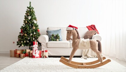Obraz premium Festive holiday scene with rocking horse christmas tree and gifts in bright interior with holiday cheer.