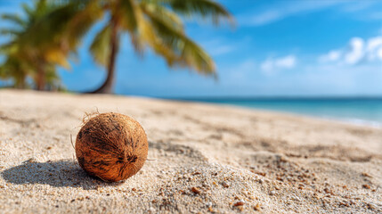 Whole coconut on a sunny tropical sandy beach with blurred palm trees and turquoise ocean background