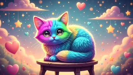 Whimsical rainbow cat with sparkling eyes on a stool, surrounded by a dreamy pastel sky of clouds, stars, and floating hearts, a magical fantasy scene
