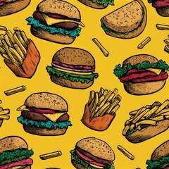 Colorful food pattern featuring burgers and fries on a vibrant background.