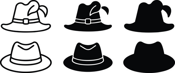 Classic fedora and tyrolean hat with feather headwear fashion accessories for stylish men and women Vector Silhouette and Pictogram Icon Set.eps © Kanon Islam