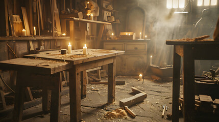 Cozy workshop ambiance with tools and unfinished furniture in warm candlelit glow