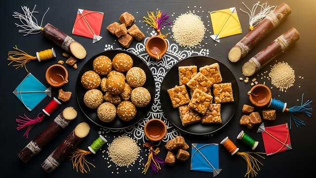 Makar Sankranti Sweets and Kites Flat Lay &ndash; Tilgul, Chikki and Jaggery on Dark Rustic Background