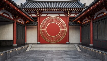 A detailed view of a traditional East Asian temple courtyard with a prominent red wall and golden circular emblem.