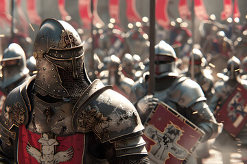 Medieval tournament arena with heraldry and clashing lances in battle scene