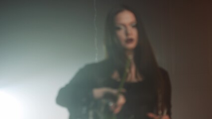 Femme fatale in gothic black dress with corset, elegant dark interior portrait.