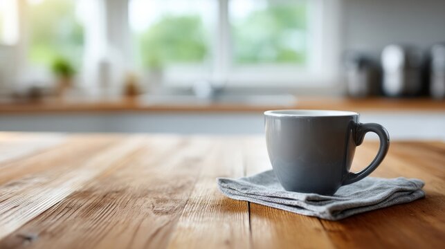 A mug of coffee sits on a wooden table. The mug is gray and has a handle. The table is made of wood and has a natural, warm appearance. Concept of relaxation and comfort - Powered by Adobe