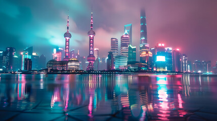 Futuristic shanghai skyline with illuminated skyscrapers at night