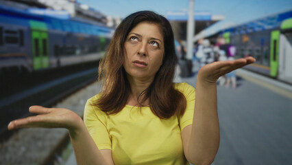 Woman in yellow shirt touches chin with thoughtful gaze at crowded train station platform;...