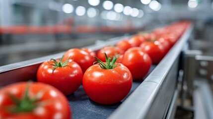A conveyor belt with a row of red tomatoes on it. The tomatoes are all the same size and shape