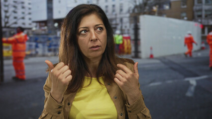 Fototapeta premium Woman counting with fingers on street outside a concrete building under construction near orange safety barriers; calculation.