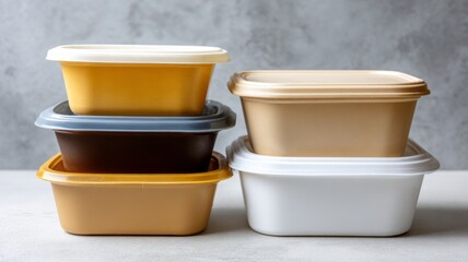 A stack of plastic containers with different colors and sizes. Concept of organization and variety