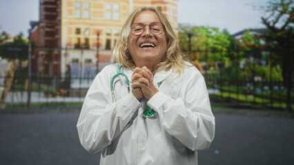 Senior woman doctor with stethoscope clasping hands to chest in front of a hospital building, smiling gently and radiating care; gratitude healing.