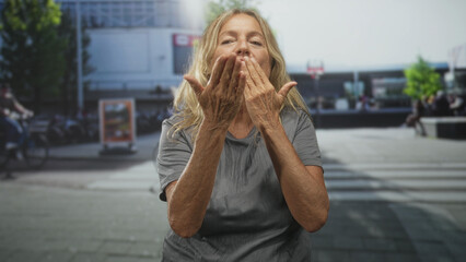 Senior blonde woman blows a kiss with hands over lips while seated near a crosswalk on a busy city street; affection.