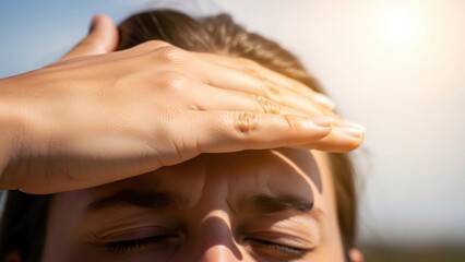 Naklejka premium Woman shielding her eyes from bright sunlight with her hand outdoors. Concept of sun protection, heat, outdoor activity, and summer day.