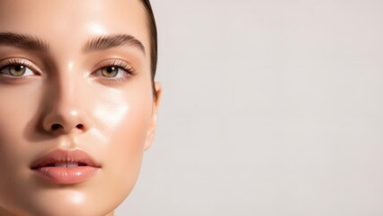 Fototapeta premium Woman with healthy glowing skin and natural makeup. Skincare and beauty concept. Makeup advertising, cosmetology, and dermatology.