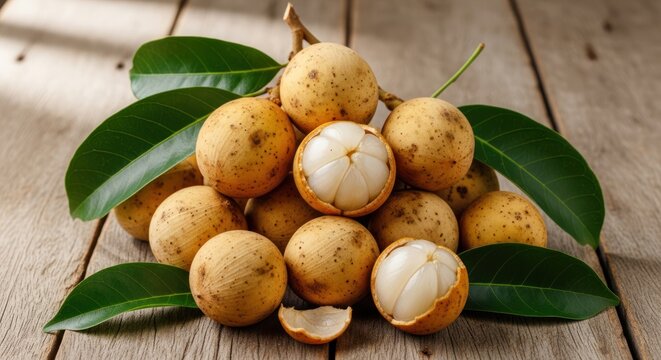 Fresh Duku Langsat Tropical Fruit with Green Leaves on Wooden Table.