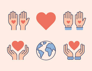 Obraz premium Vector illustration of love, care, charity, hands, hearts, and globe icons