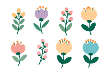 A set of flowers and branches in a flat minimalist vector style, simple shapes, clear outlines, pastel colors