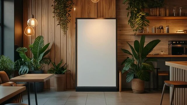 Modern Cafe Interior with Blank Poster and Green Plants