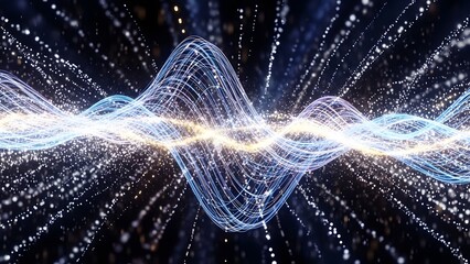 Abstract glowing energy wave background representing data flow, sound waves, and futuristic digital technology.