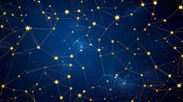 Abstract blue background with glowing golden stars connected by lines, forming a complex network or constellation.