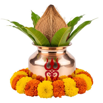Kalash with coconut and mango leaves isolated PNG, traditional Hindu ritual symbol for festivals, worship and auspicious ceremonies.