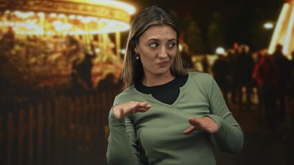 Woman with palms down hand gesture at night street fair, hands extended and face in a skeptical grimace; skepticism.