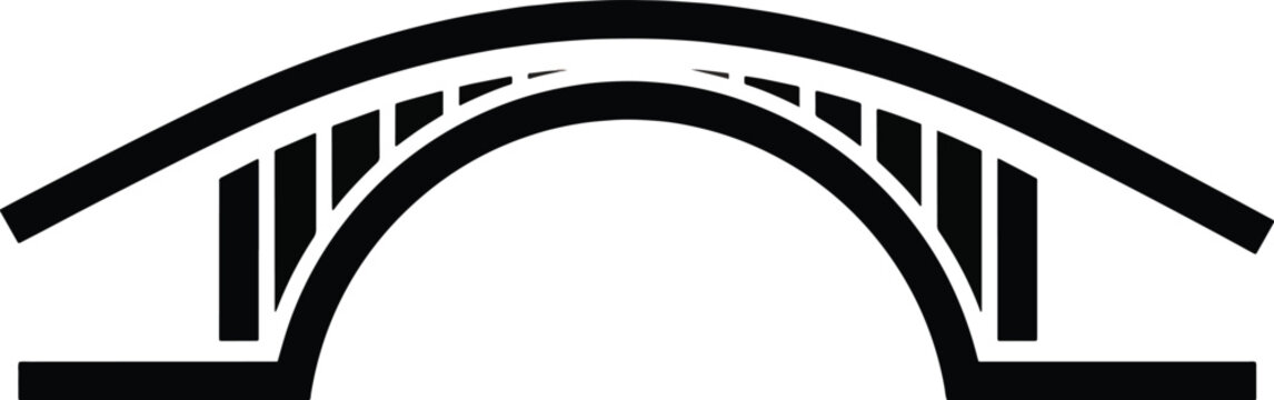 A stylized black and white graphic illustration of an arched bridge with vertical supports connecting the upper and lower curved structures.