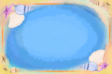 holiday theme background with shell and starfish frame on the beach