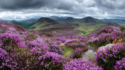 Fototapeta premium grampian. A vast landscape of mountains covered in blooming purple heather under a moody sky. travel magazines, destination branding, designed for travel destination branding, used by photographers.