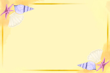 card with frame of shells and starfish in the sand