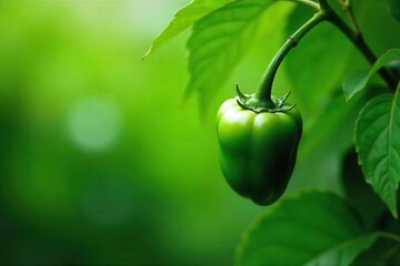 Unripe green bell pepper dangles from lush pepper plant , growth, organic