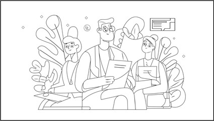 line art of three individuals in discussion with papers and chart teamwork and learning