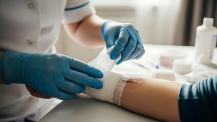 Nurse Applying Bandage to Patient's Wound