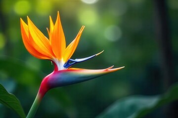 Vibrant strelitzia against blurred natural background, spring, botanical