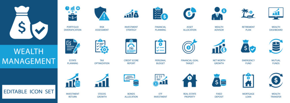 Wealth management and personal finance icon set. Vector symbols for investment strategy, retirement planning, banking, tax optimization, and financial goal tracking.