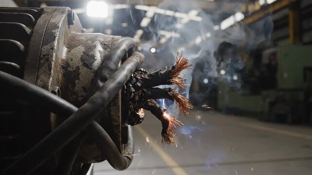 Damaged electrical cord frayed and smoking with exposed copper wire wrapped around industrial machinery.