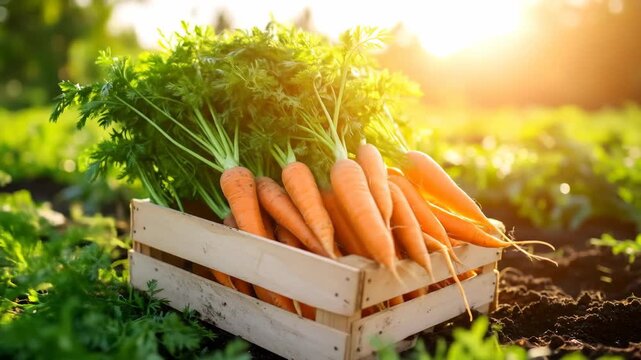 Freshly harvested organic carrots with green tops are neatly packed in a wooden crate in a sunlit garden.