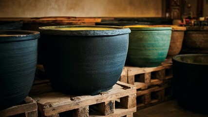 Medium shot of traditional ceramic fermentation tubs showcasing artisanal craftsmanship and natural material benefits for enhanced flavor profiles.