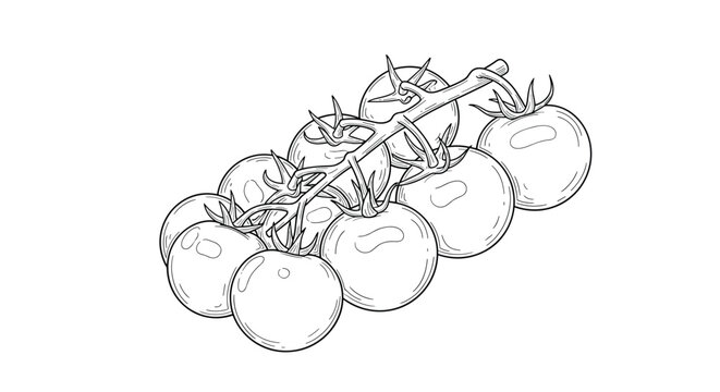 Detailed black and white line art drawing of a cluster of ripe cherry tomatoes hanging on a single green vine isolated on white. - Powered by Adobe