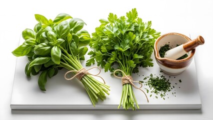fresh basil and parsley bunches with ceramic mortar for culinary blogs, healthy diet websites, recipe books, cooking education and herbal medicine posters, with copy space