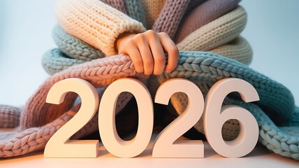 A person wearing a colorful knitted sweater holds a large 2026 sign