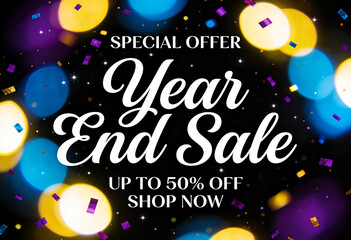 Special offer year end sale up to 50 percent off with bokeh and festive decoration promoting happy new year deals and discounts