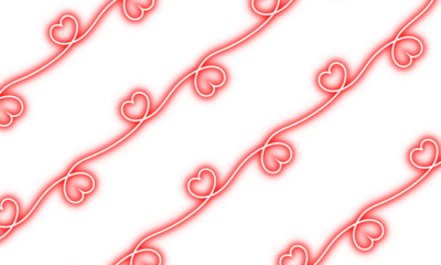 A repeating pattern of elegant white heart outlines on diagonal red stripes against a black background