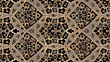 Intricate abstract pattern with repeating diamond and floral motifs in muted tones