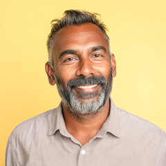 Obraz premium A smiling man with a beard poses confidently against a bright yellow background, exuding warmth and approachability.