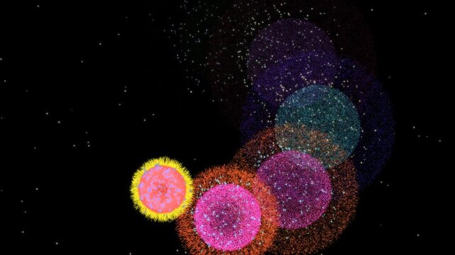 A video of fireworks gliding and finally exploding, with the sub-fireworks exploding in a circle. Alphamatte fireworks video. Ideal for New Year celebrations