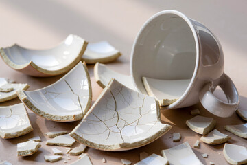 Broken porcelain cup and sharp shards on a beige surface. Studio composition with natural side lighting and detailed crack patterns on glazed ceramic.