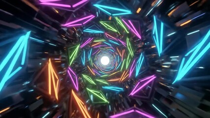 A vibrant abstract tunnel featuring an endless loop of glowing neon triangles creating a dynamic futuristic background. - Powered by Adobe